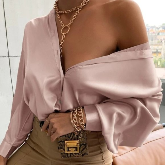 Button down Bishop Sleeve Shirt Blouse Dusty Pink - Picture 1 of 6